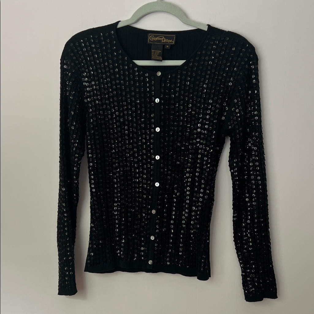 Vintage Christine Phillips Black Sequin Cardigan, Fixed Buttons. Medium